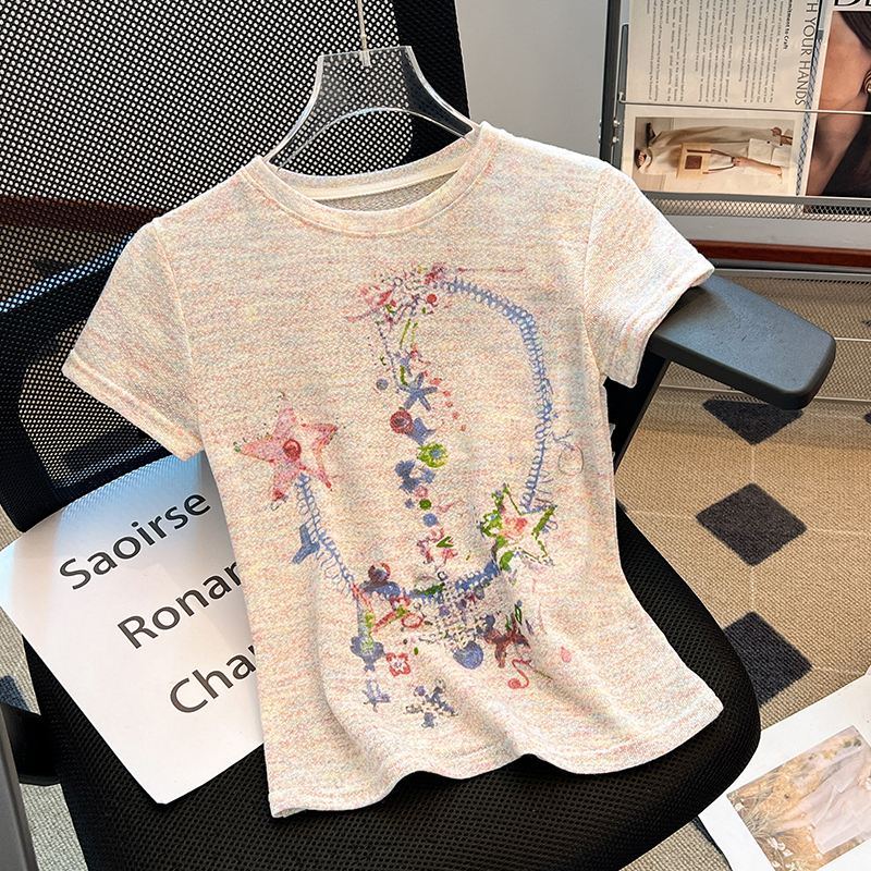 RY70144# 设计感涂鸦印花正肩短袖T恤女夏季小众修身显瘦圆领短款针织上衣