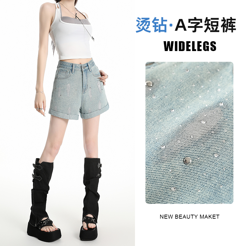FA20993# 夏季新款卷边牛仔短裤女百搭烫钻宽松A字高腰阔腿热裤 服裝批發女裝批發服飾貨源