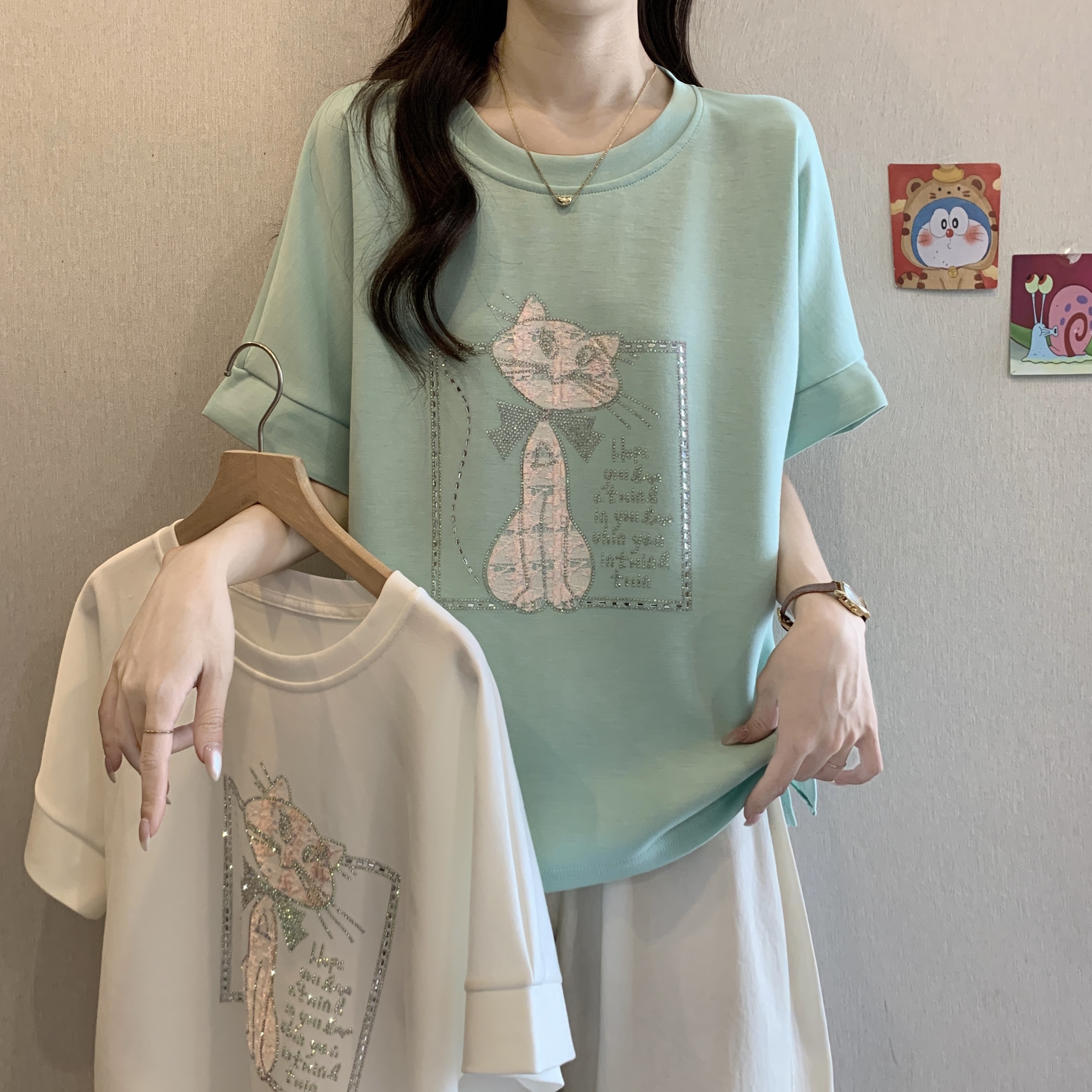 FA20169# 设计感洋气刺绣短袖t恤女夏季大码胖mm遮肚炸街独特漂亮上衣 服裝批發女裝批發服飾貨源