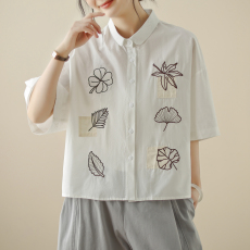 批发<b class='q'>外贸</b>出口意大利女装棉麻<b class='q'>衬衫</b>日系小众设计感刺绣翻领夏季短袖上衣