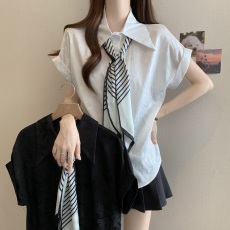 批发设计感缎面提花丝巾短袖衬衫女夏大码胖MM气质减龄正肩显瘦<b class='q'>雪纺衫</b>