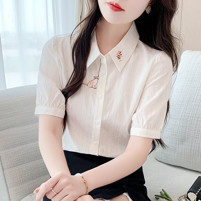 실사 여름 새로운 자수 순면 셔츠 여성용 짧은 소매 작은 키 연령 감소 외국 가스 셔츠 다용도 면 100% 맨위