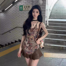 批发复古蝴蝶印花工字吊带背心女夏辣妹修身无袖上衣外穿