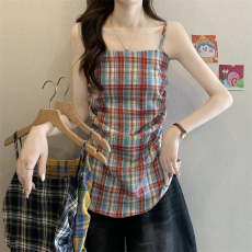 批发实拍实价 新款设计感格子吊带背心女装显瘦小众褶皱收腰无袖