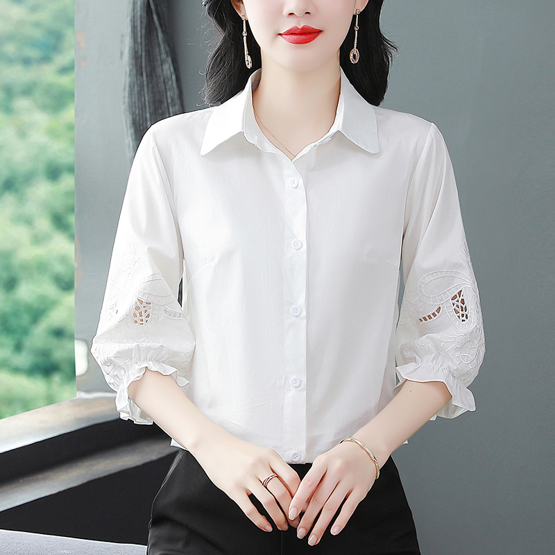 순면 여성 셔츠 여름 새로운 패션 외국 가스 7부 소매 셔츠 루즈핏 다용도 자수 맨위 여성