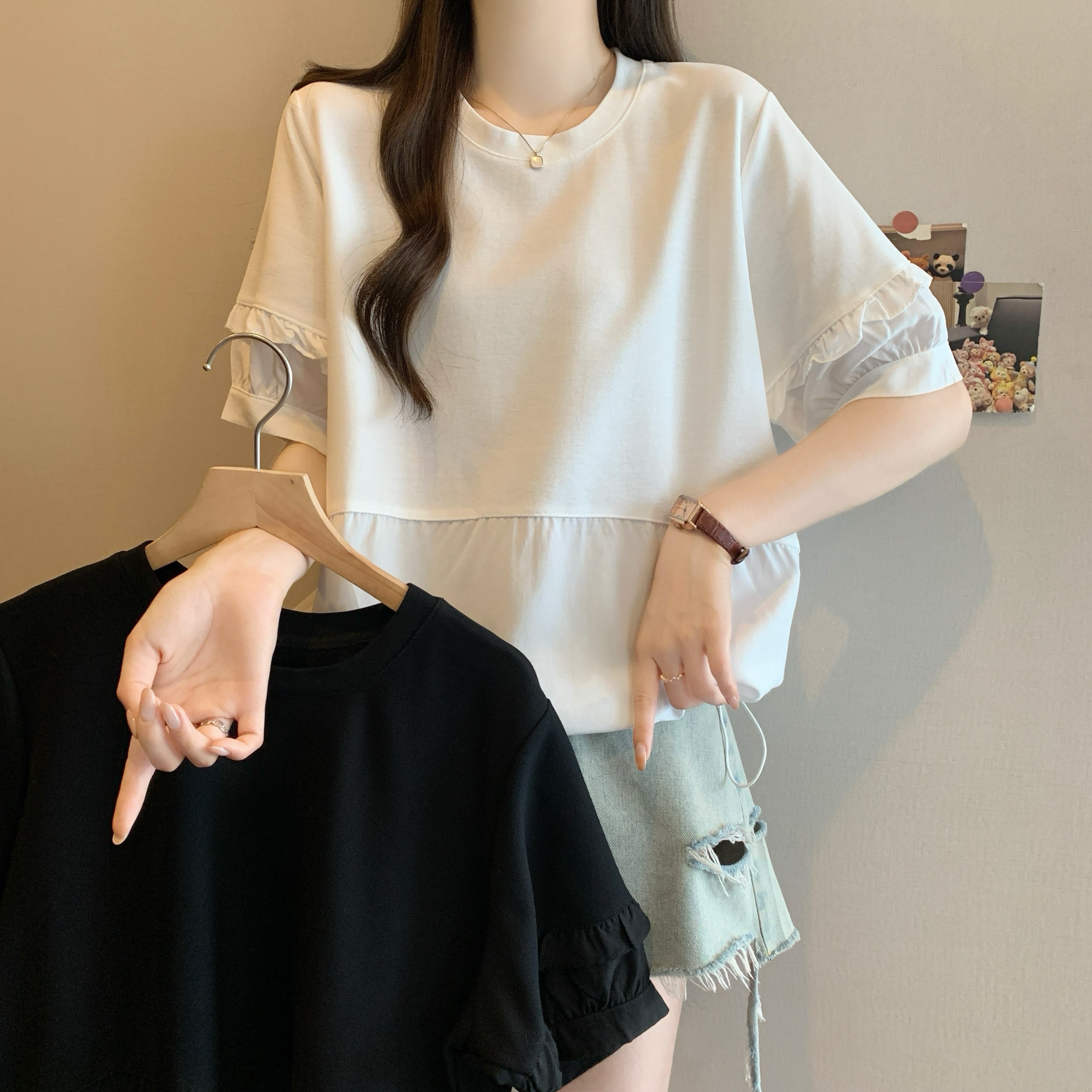 MY6591# 夏季新款圆领纯色短袖T恤衫女蕾丝拼接下摆抽绳休闲百搭上衣女裝貨源服裝批發