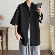 批发夏季薄款冰丝衬衫男短袖基础款高级感痞帅上衣服宽松垂感速干半袖