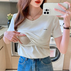 批发实拍 哺乳纯棉T恤<b class='q'>夏</b>季新款产后辣妈V领百搭喂奶打底上衣