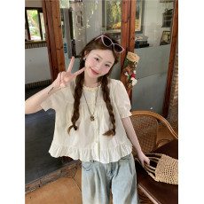 批发实拍实价~2026夏季法式<b class='q'>甜美</b>蕾丝花边圆领短袖衬衫女