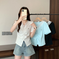 批发<b class='q'>实拍</b>2026夏装新款胖mm<b class='q'>大码</b>女韩系蝴蝶结蕾丝花边开叉短袖T恤