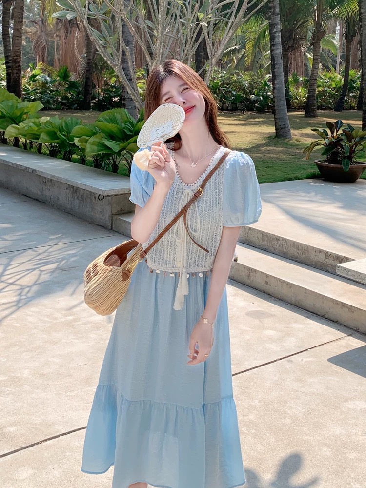 FA22901# 假两件减龄蕾丝拼接连衣裙女夏季新款森系显瘦长裙 服裝批發女裝批發服飾貨源