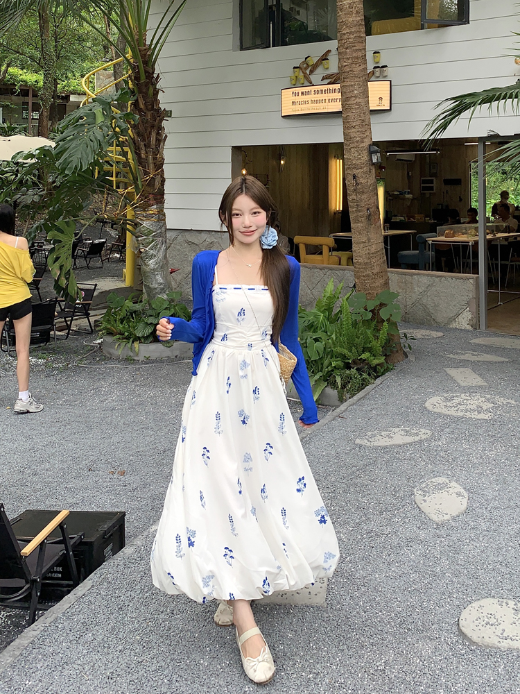 실사 새로운 중식 국풍 프랑스식 슬립 드레스 꽃밭 치마 자외선 차단 오픈 가디건 세트