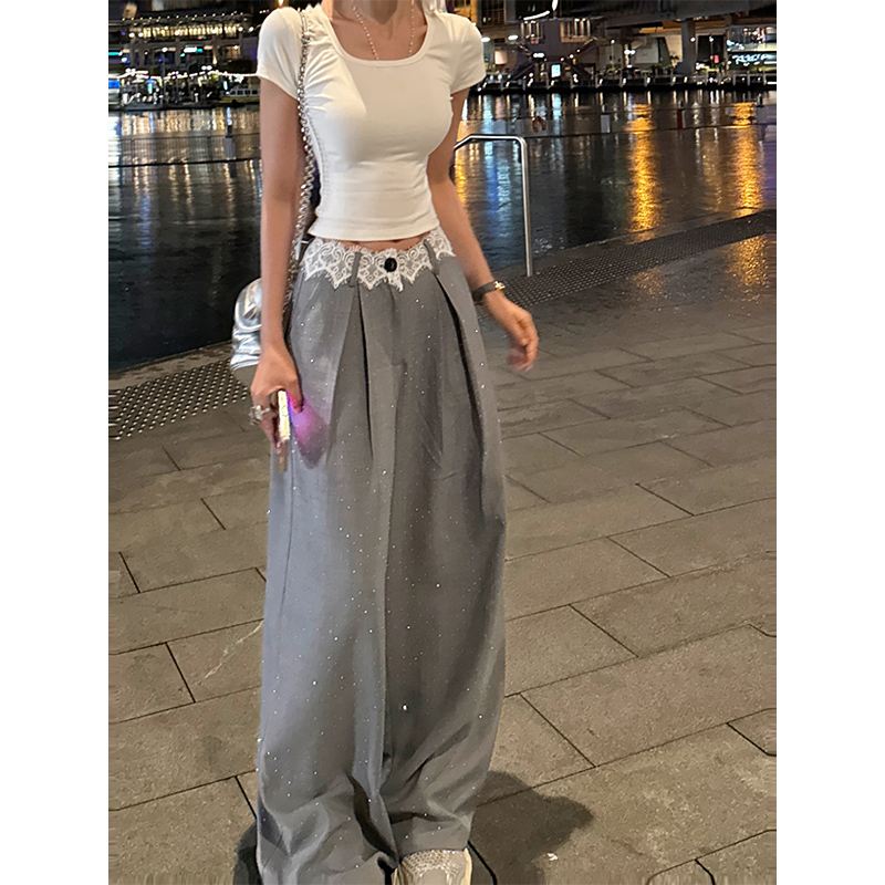 FA20142# 李婉君灰色蕾丝拼接西装裤女新款高腰垂感阔腿休闲裤小众 服裝批發女裝批發服飾貨源