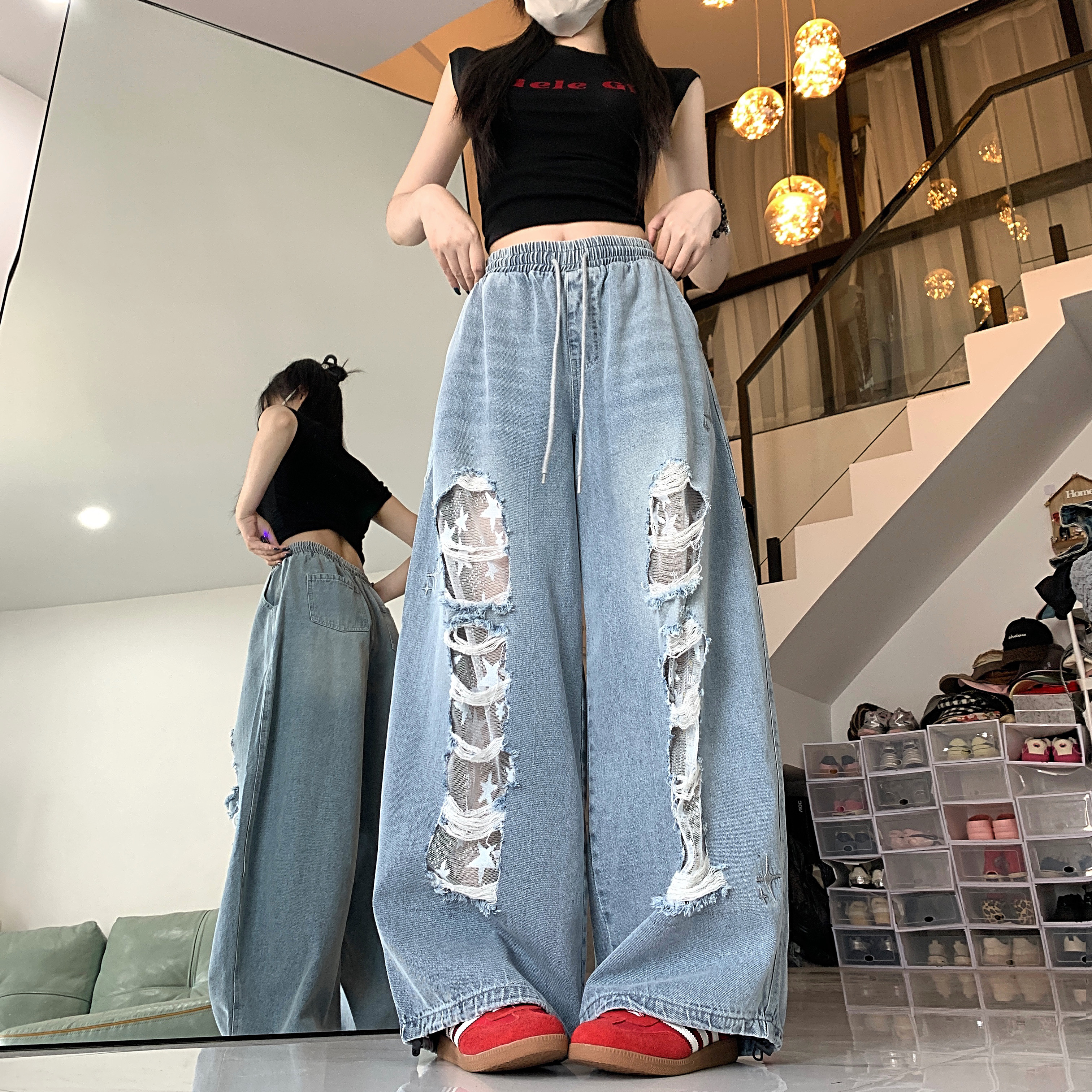 实拍美式复古破洞蕾丝拼接阔腿牛仔裤女夏季设计感刺绣弯刀休闲裤