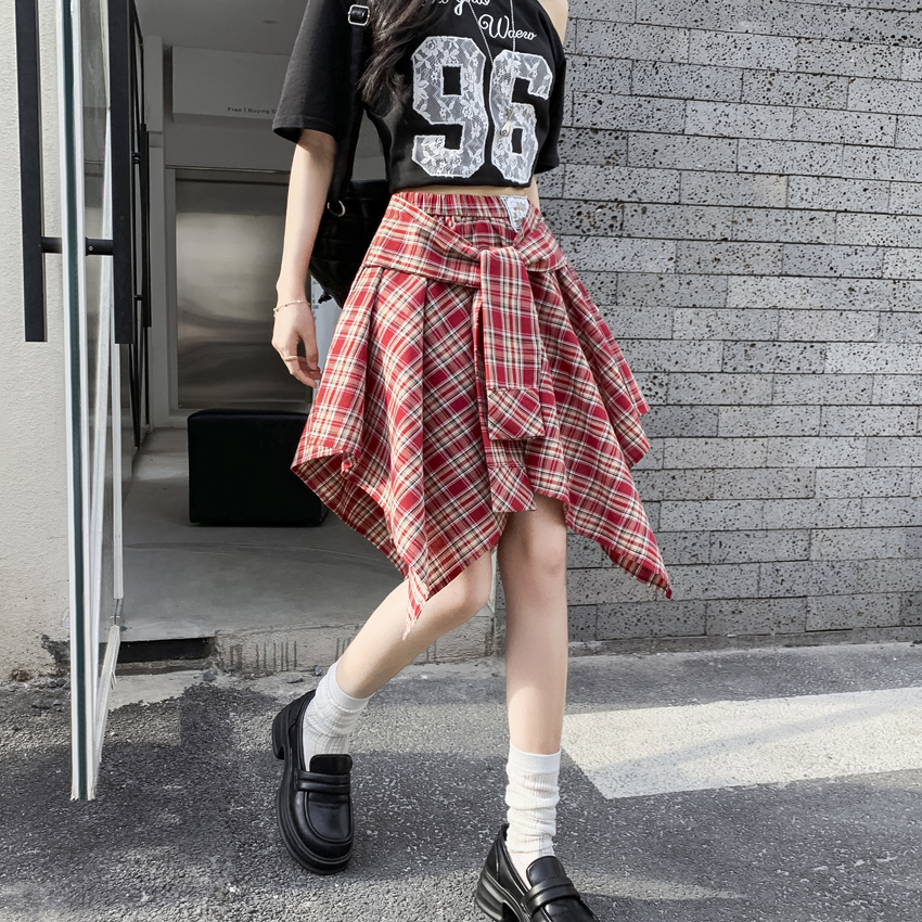 MY6431# 小众复古不规则格子半身裙2025夏季高腰显瘦学院风防走光A...