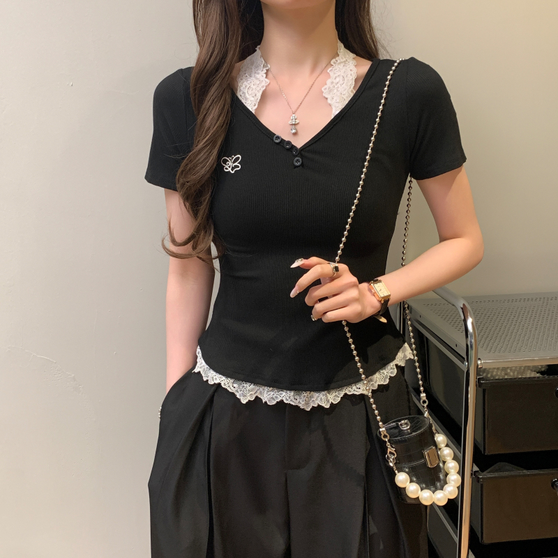 FA21275# 纯欲风辣妹短袖蕾丝T恤女新款设计感修身v领挂脖刺绣上衣服裝批發女裝批發服飾貨源