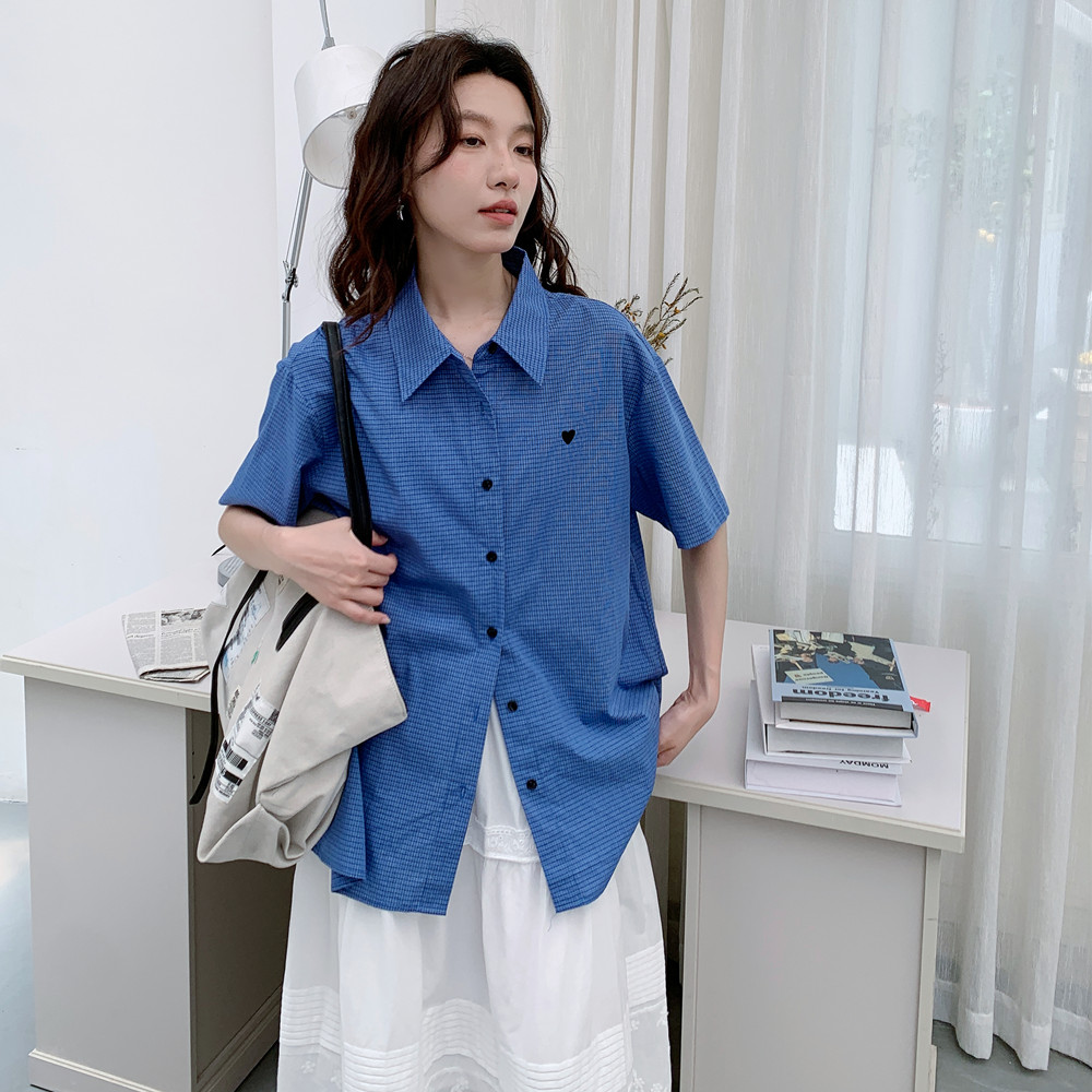 실사 파란색 루즈핏 체크무늬 반팔 여성 셔츠 여름 미니멀리즘 품격 한국 스타일 다용도 셔츠