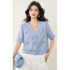 批发实拍◆有◆法式气质<b class='q'>短袖</b>小香风女夏V领套头蓝色拉毛上衣