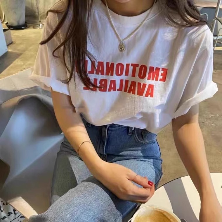 MY16378# 韩国外贸 21支纯棉210克100%棉 韩版字母印花白色...