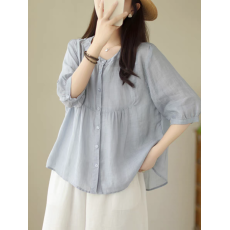 批发外贸出口<b class='q'>品牌</b><b class='q'>尾</b><b class='q'>货</b>纯色棉麻娃娃衫上衣女文艺气质显瘦亚麻短袖衬衫