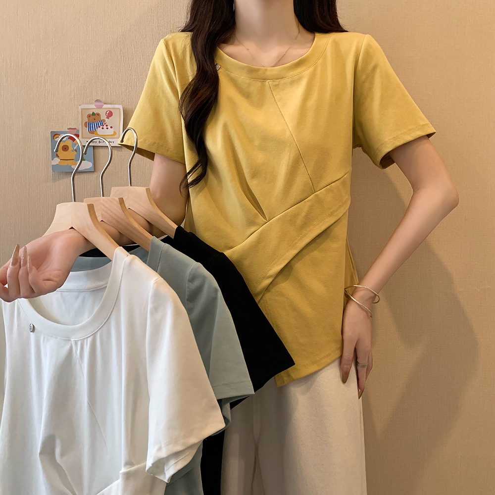 FA21215# 夏季大码女装新款圆领正肩开叉显瘦T恤上衣服裝批發女裝批發服飾貨源