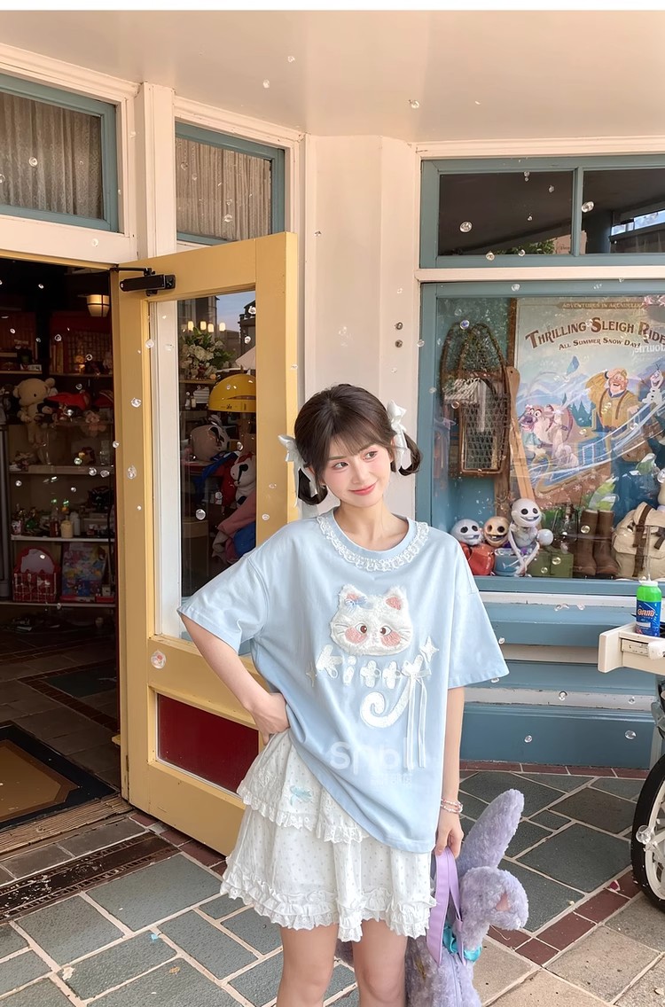 FA20924# 纯棉萌趣立体卡通猫咪宽松日常休闲短袖T恤夏季新款女装 服裝批發女裝批發服飾貨源