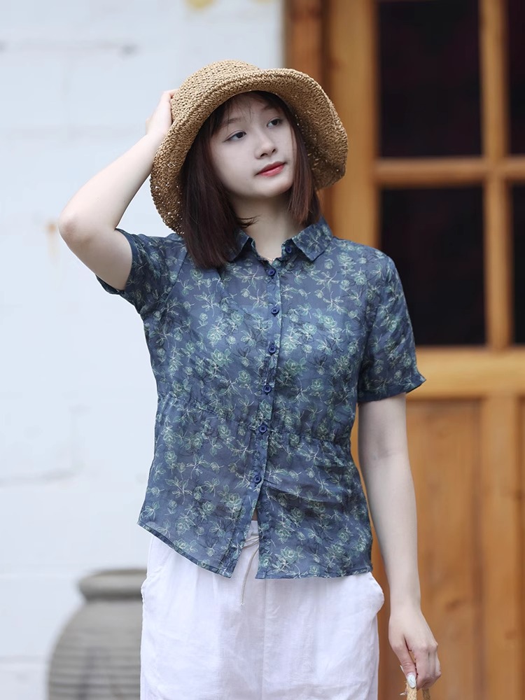 오리지널 작은 대중 디자인 여름 여성 의류 문예 팬 꽃무늬 라미 셔츠 반팔 허리 수축 슬림해 보이는 맨위