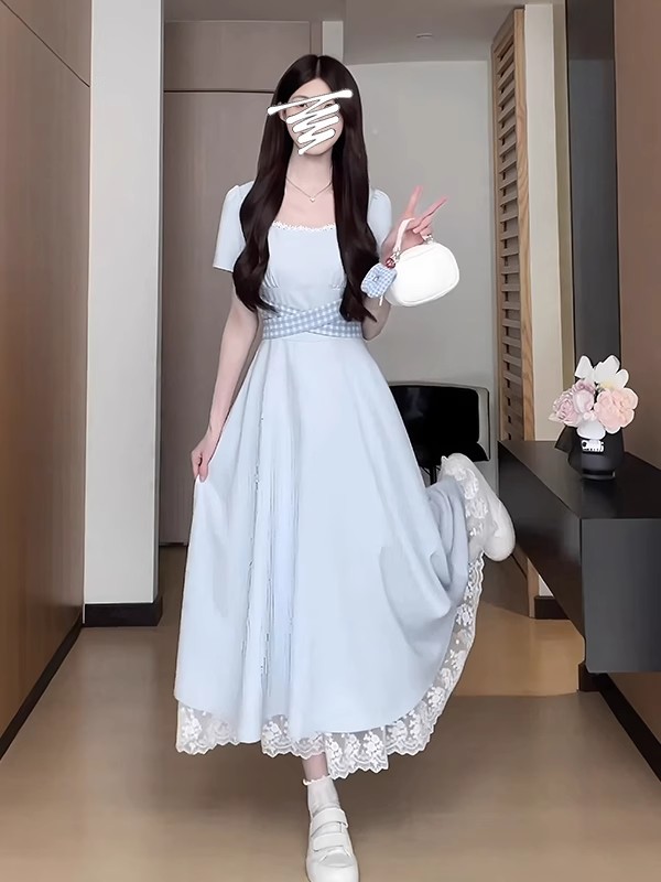 빅 사이즈 여성 의류 유럽 만약 바람 파란색 꼬집기 허리 치마 여름 새로운 롱 스커트 지방 mm 몸매 가꾸기 표지 넓적 다리 슬림해 보이는 드레스