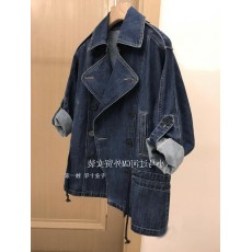 批发w品质~版型好！ 有腔调！翻领双排扣抽绳宽松牛仔风衣短外套女春