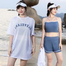 批发泡温泉游泳衣女三件套分体大码胖mm保守显瘦遮肚罩衫宽松新款泳装