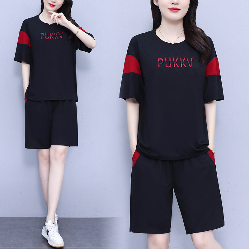 RY1849# 2026夏季新款休闲时尚绣花大码卫衣拼接天丝罗马两件套