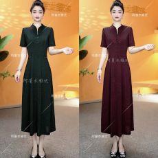 批发款丝光弹力缎面龟裂纹烫钻新中式连衣裙