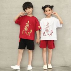 批发男女童中国风夏季套装中大童洋气卡通上衣短袖短裤姐弟装两件套潮
