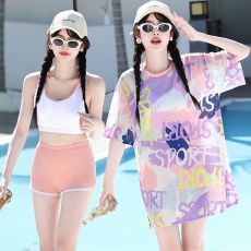 批发泳衣女泡温泉分体三件套保守学生游泳衣2025新款大码遮肚显瘦泳装