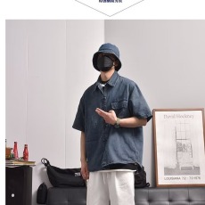 批发2024夏季新款新中式国风盘扣短袖牛仔衬衫男女款复古做旧宽松上衣