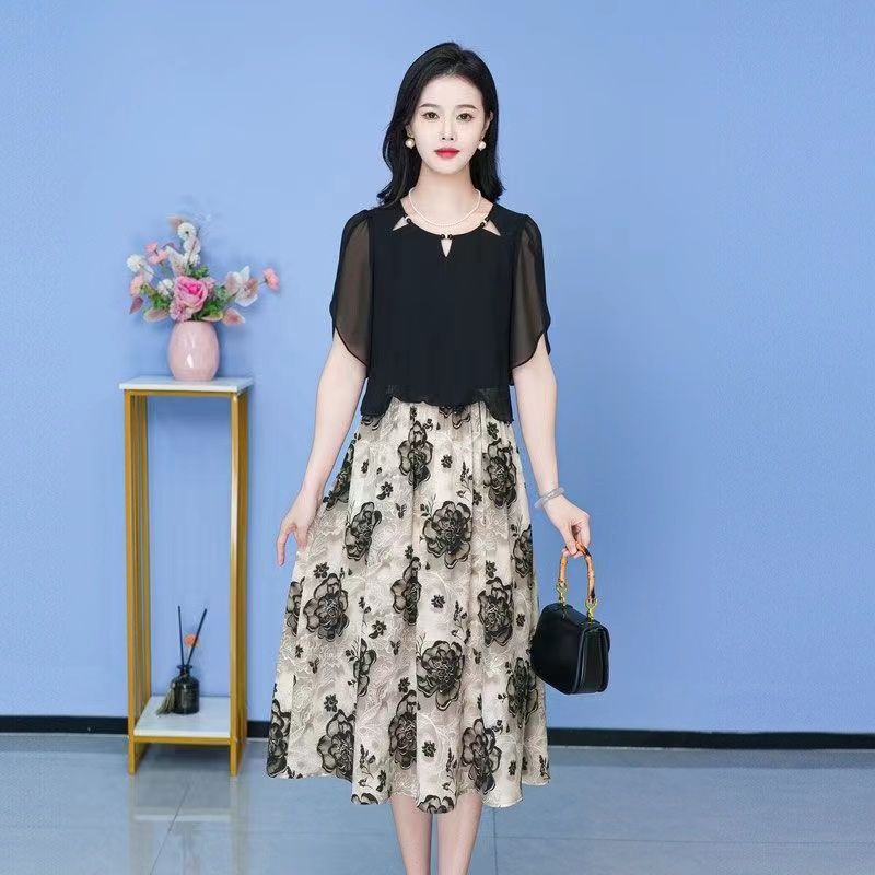 MY6599# 高档芙蓉丝宽松遮肚子假两件连衣裙夏季新款印花气质显瘦裙子女裝貨源服裝批發