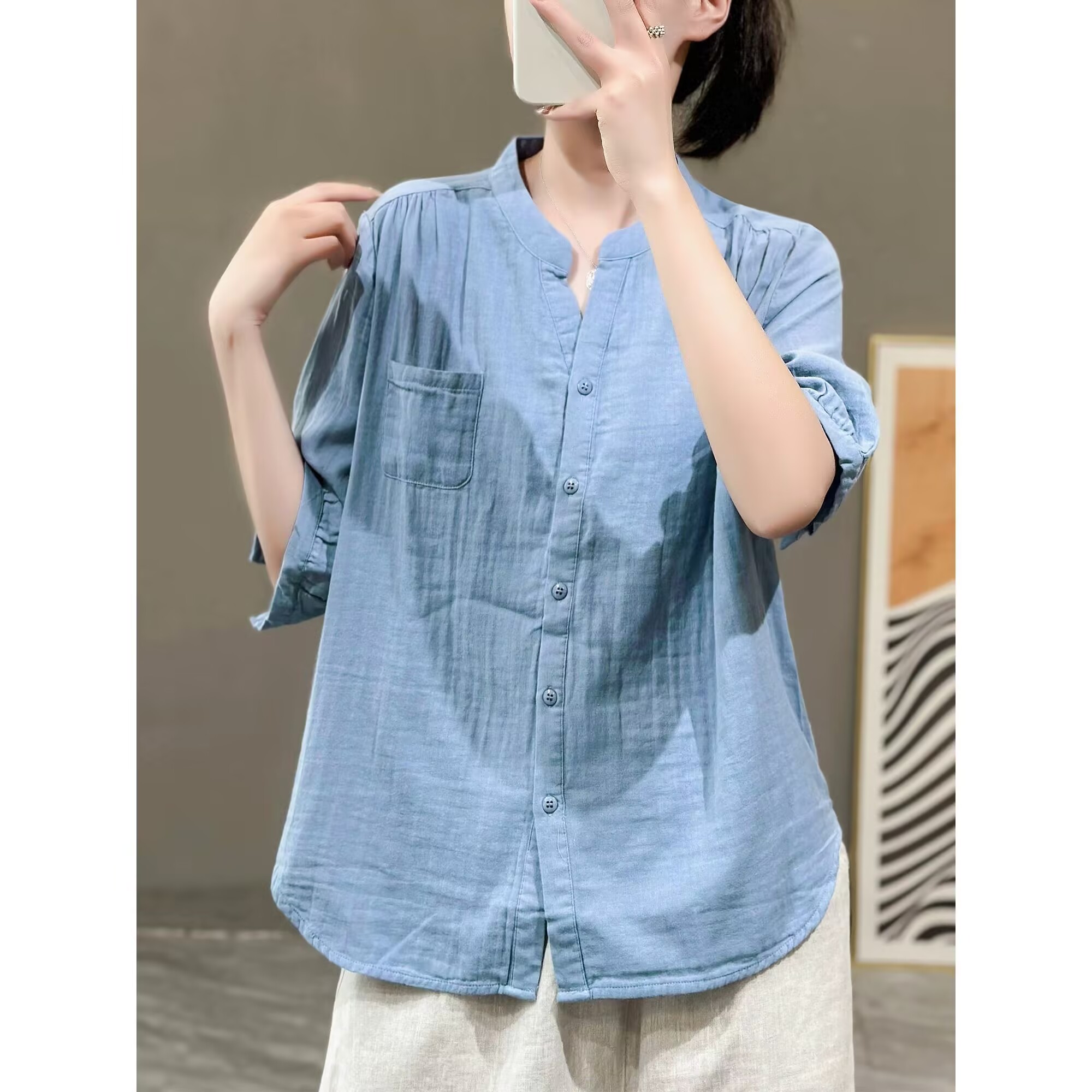 레트로 작은 V넥 더블 면사 여성 셔츠 2026 여름 새로운 한국 스타일 루즈핏 캐주얼 미니멀리즘 맨위