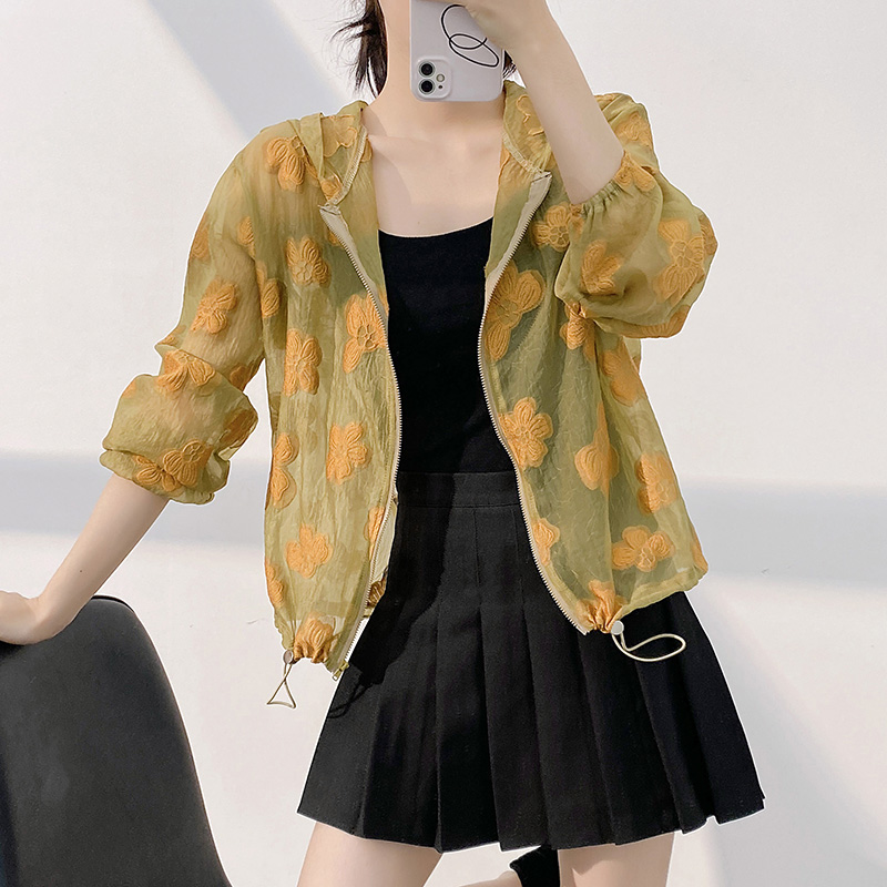 FA24262# 连帽上衣夏季法式宽松显瘦收腰刺绣休闲长袖防晒服女 服裝批發女裝批發服飾貨源