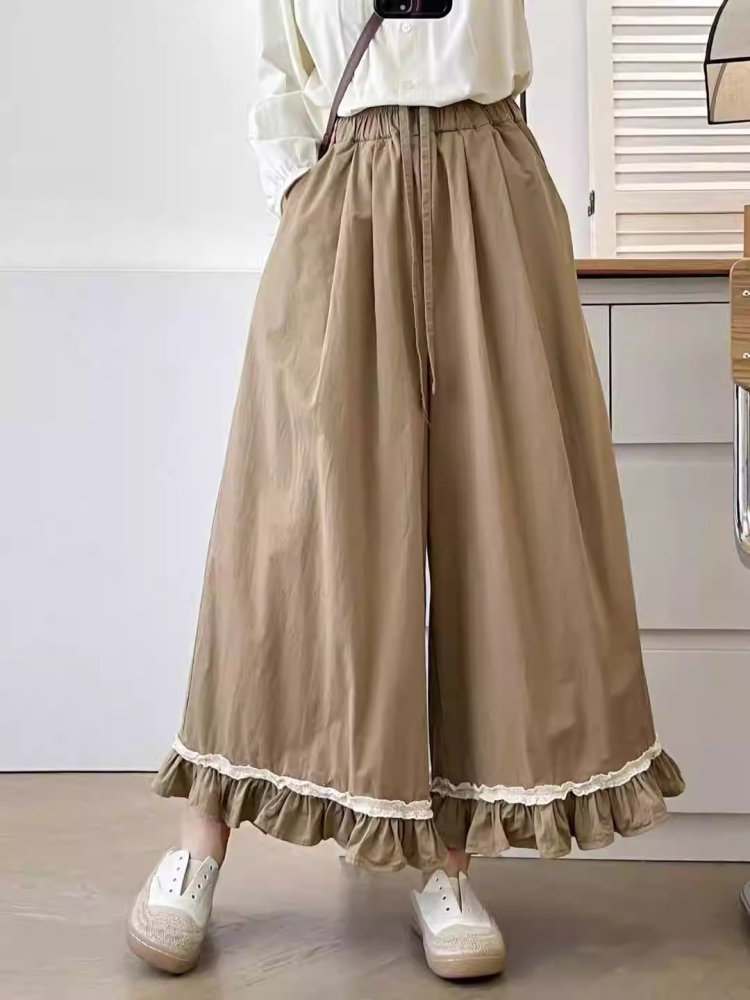 프릴 플리츠 문예 바람 와이드 레깅스 바지 2026 루즈핏 빅 사이즈 면 100% 레이스 9부 바지 치마바지