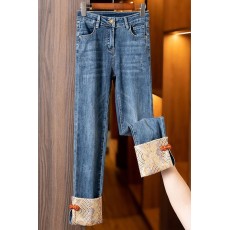 批发一线大品牌高端剪标<b class='q'>女装</b>大品牌外贸刺绣盘扣开叉高腰直筒牛仔裤