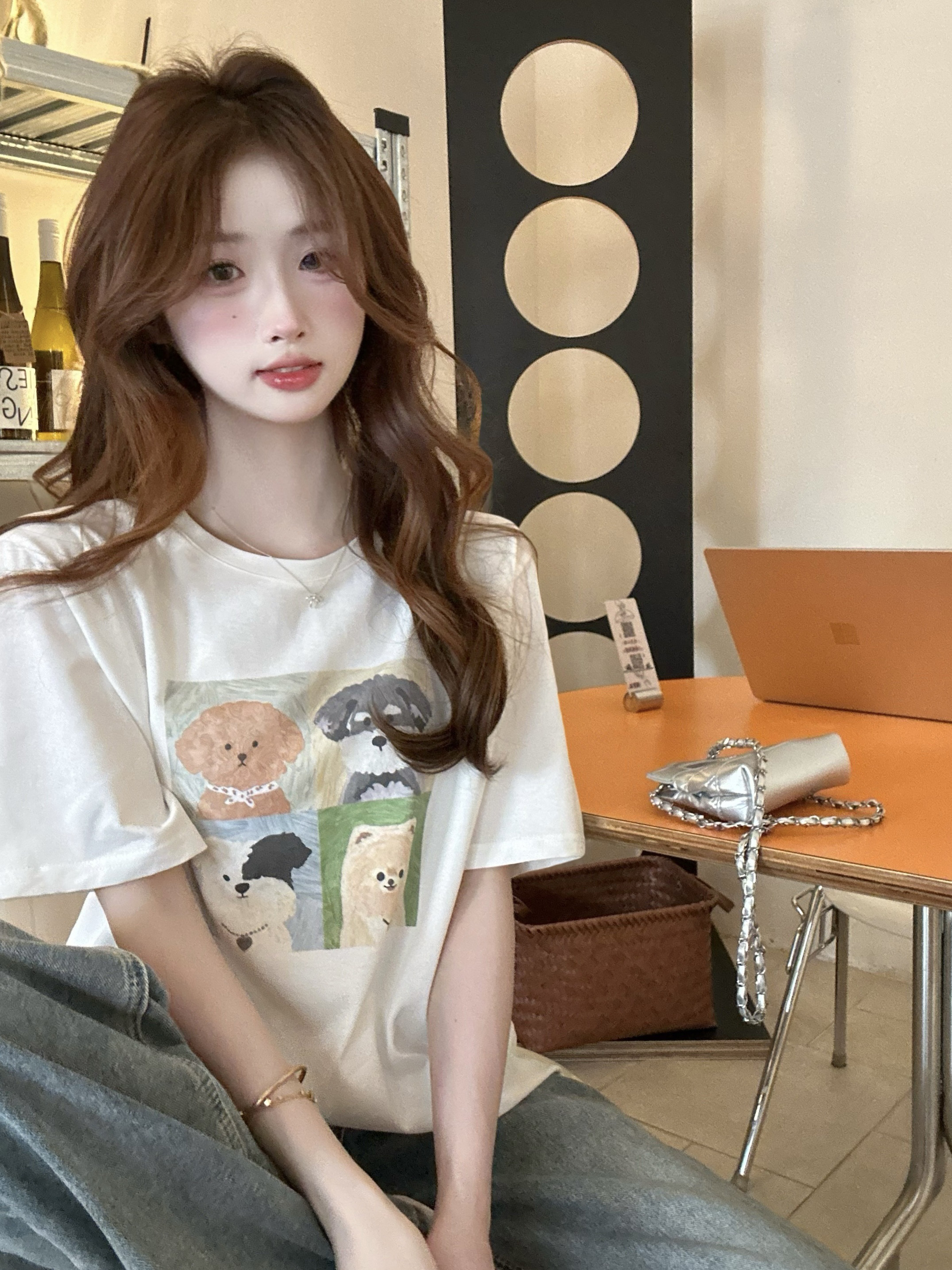 실사 정가 한 부서 라운드 넥 연령 감소 만화 강아지 반팔 티셔츠 여성 2025 여름 맨위