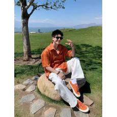 批发原版质量 美式潮牌复古橙色格纹短袖衬衫宽松百搭翻领情侣衬衣