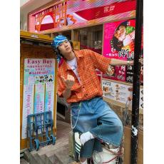 批发原版质量 美式复古橙色格纹长袖衬衫男宽松百搭高街新款情侣衬衣