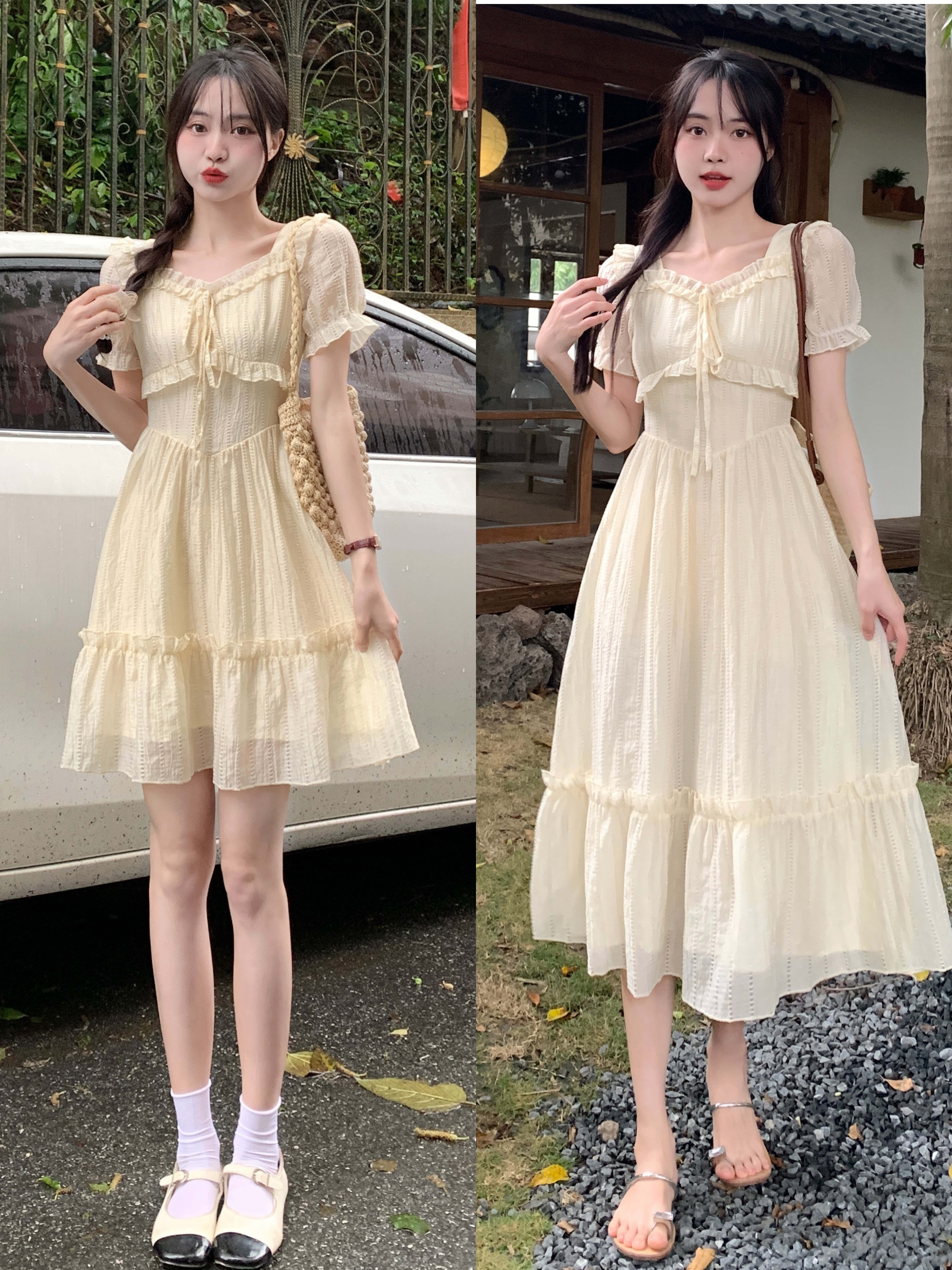 MY7496# 大码夏少女心事微胖mm法式方领连衣裙收腰显瘦短款气质裙子女...