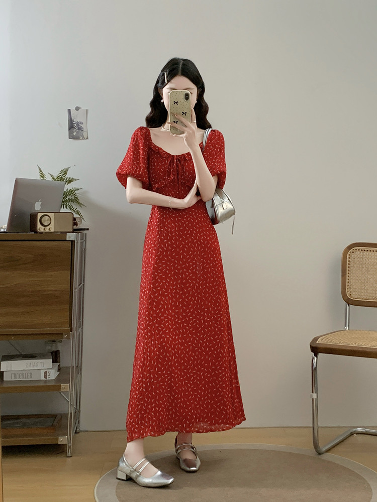 실사 빅 사이즈 여성 의류 봄 여름 마이크로 지방 mm 슬림해 보이는 프랑스식 레트로 차 휴식 치마 품격 여신 팬 꽃무늬 드레스