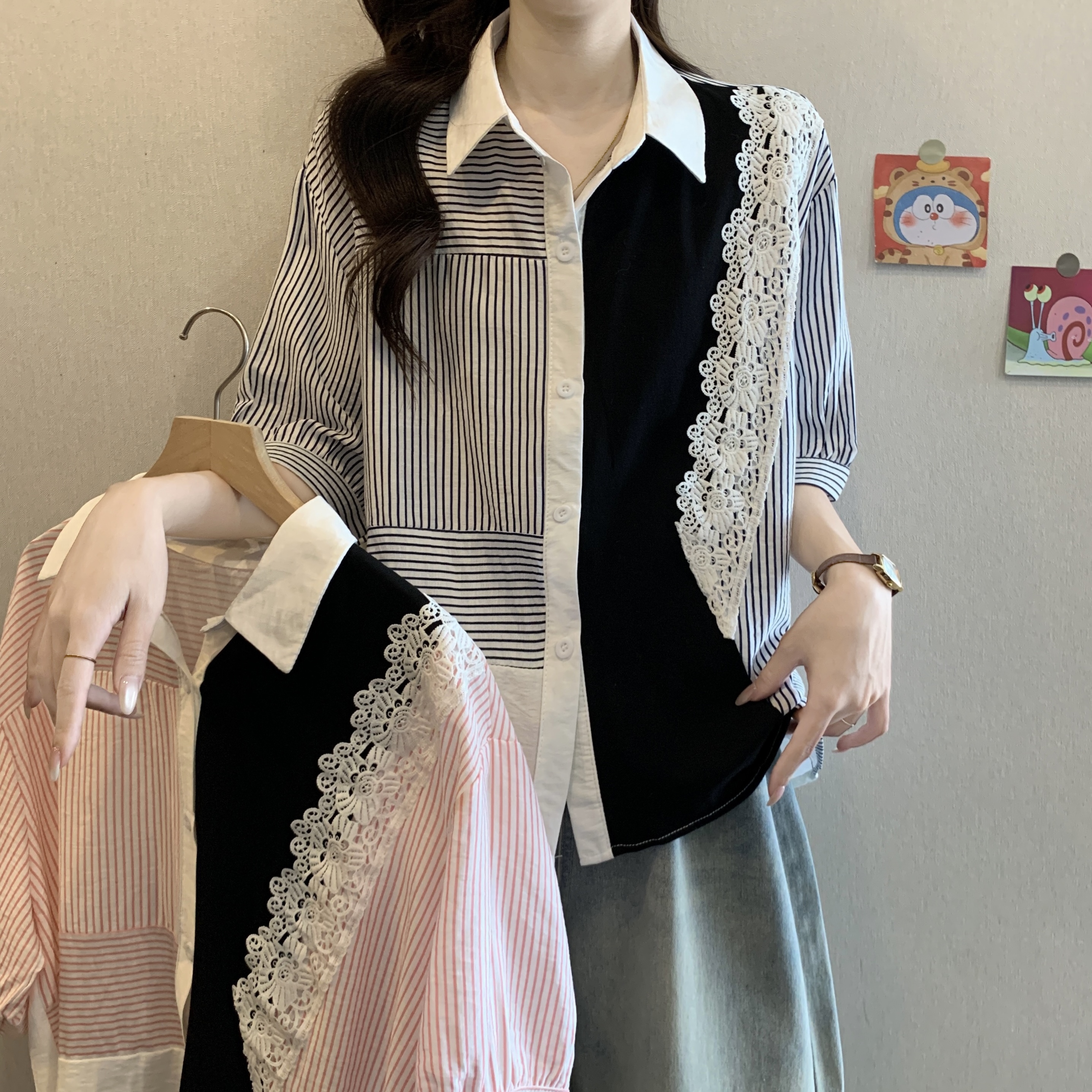 FA31587# 大码女装百搭拼接撞色棉衬衫女春秋韩版宽松显瘦衬衣长袖上衣 服裝批發女裝批發服飾貨源
