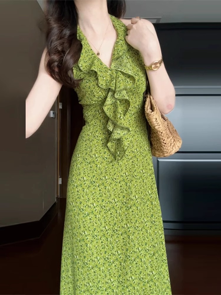 MY6280# 绿色法式v领无袖挂脖碎花连衣裙子女装夏季新款海边度假长裙女裝貨源服裝批發