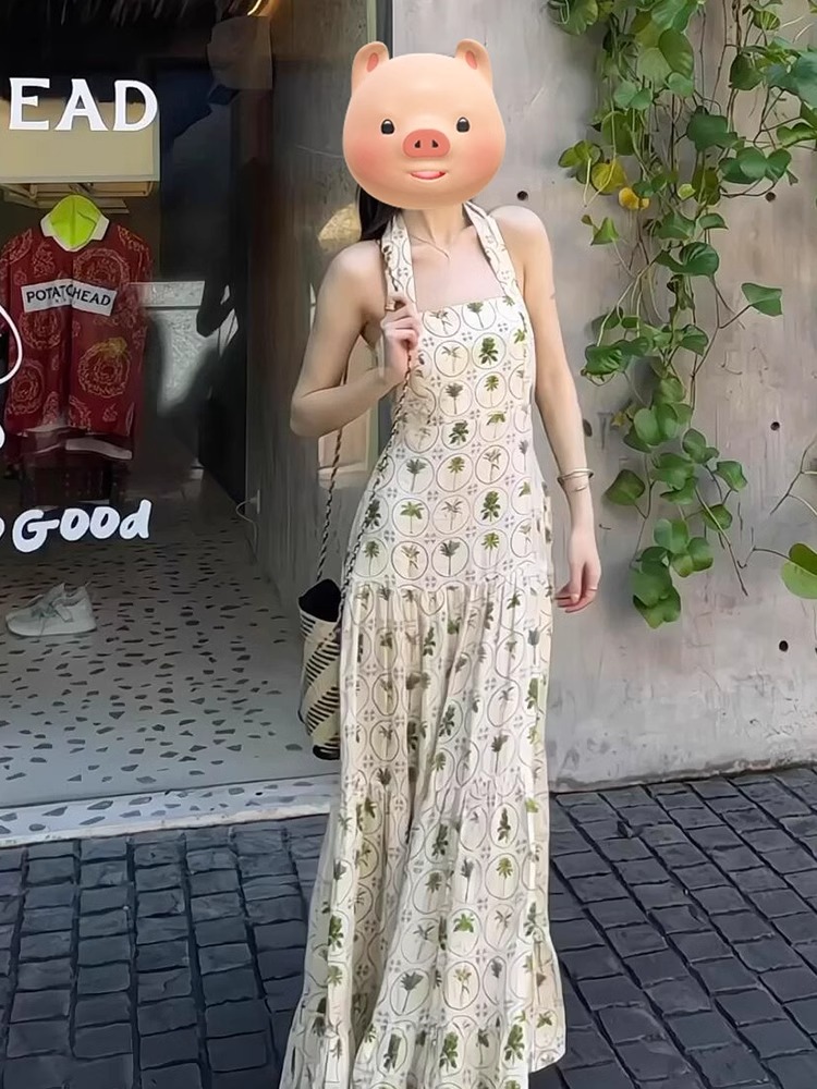 MY6279# 高级感法式无袖挂脖印花连衣裙子女夏季新款海边度假露背长裙女裝貨源服裝批發