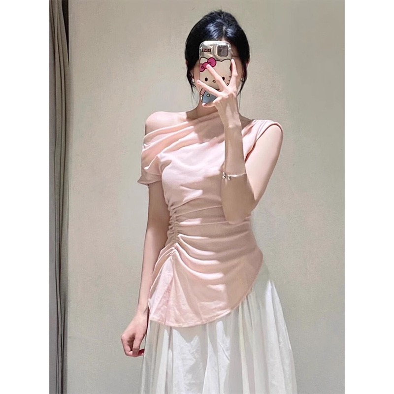 MY6278# 不规则褶皱粉色露肩t恤女夏季收腰显瘦设计感小众独特短袖上衣服女裝貨源服裝批發