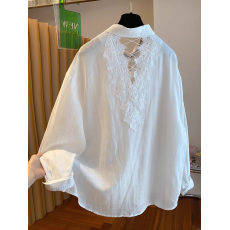 批发后背镂空蕾丝漏背防晒衣衬衫女2026春季新款宽松<b class='q'>超</b>好看棉麻防晒衣